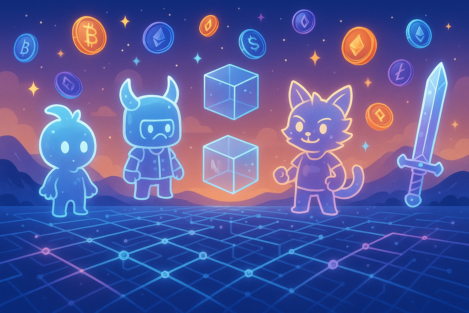 A landscape illustration showing various digital assets like unique game characters, virtual land plots, and futuristic weapons represented as glowing NFTs, floating above a stylized blockchain network, with crypto tokens circulating. The art style is a blend of glassmorphism and cartoon illustration.