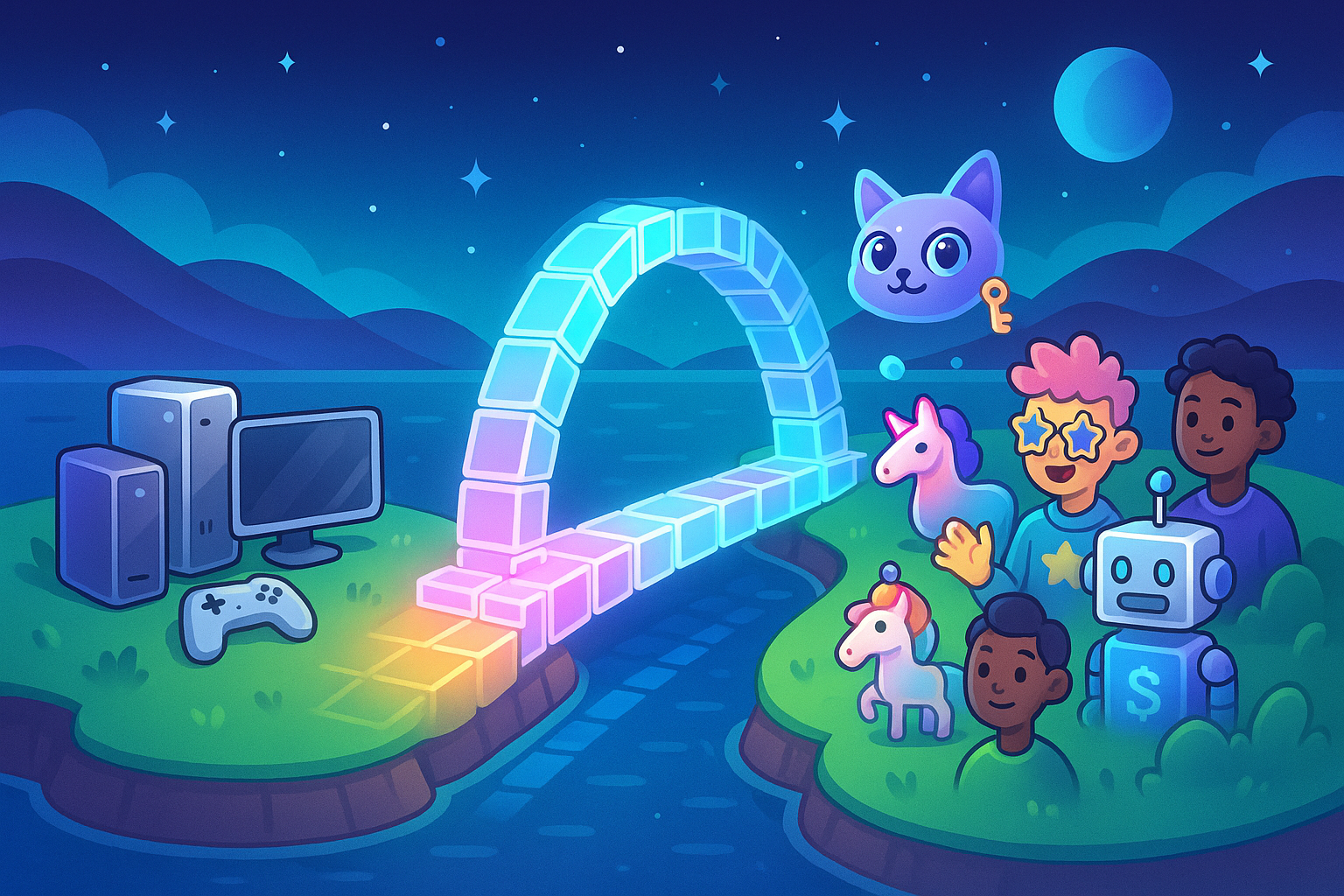 A glassmorphism and cartoon style landscape illustration depicting a bridge connecting traditional gaming consoles and PCs on one side, to a futuristic, vibrant metaverse filled with unique, glowing digital assets (NFTs) and characters on the other. Blockchain symbols subtly weave through the bridge, representing the transition and the underlying technology.