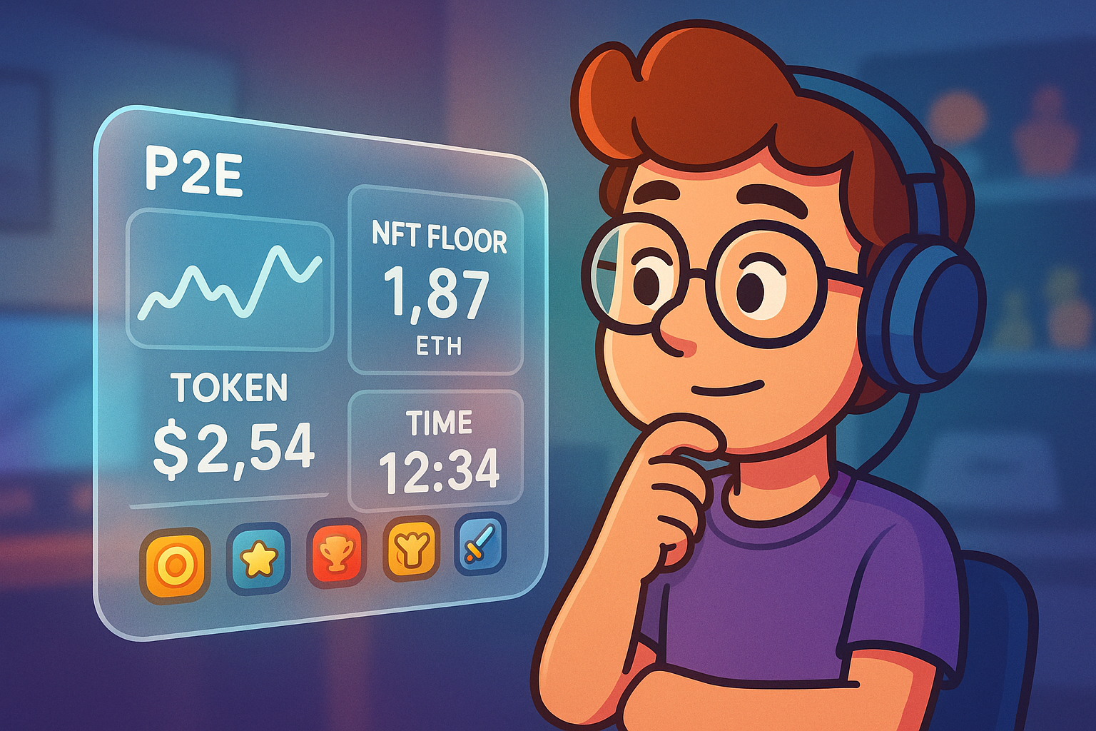 A cartoon character looking at a holographic display with various P2E metrics like token prices, NFT floor values, and time spent, all rendered with glassmorphism effects.