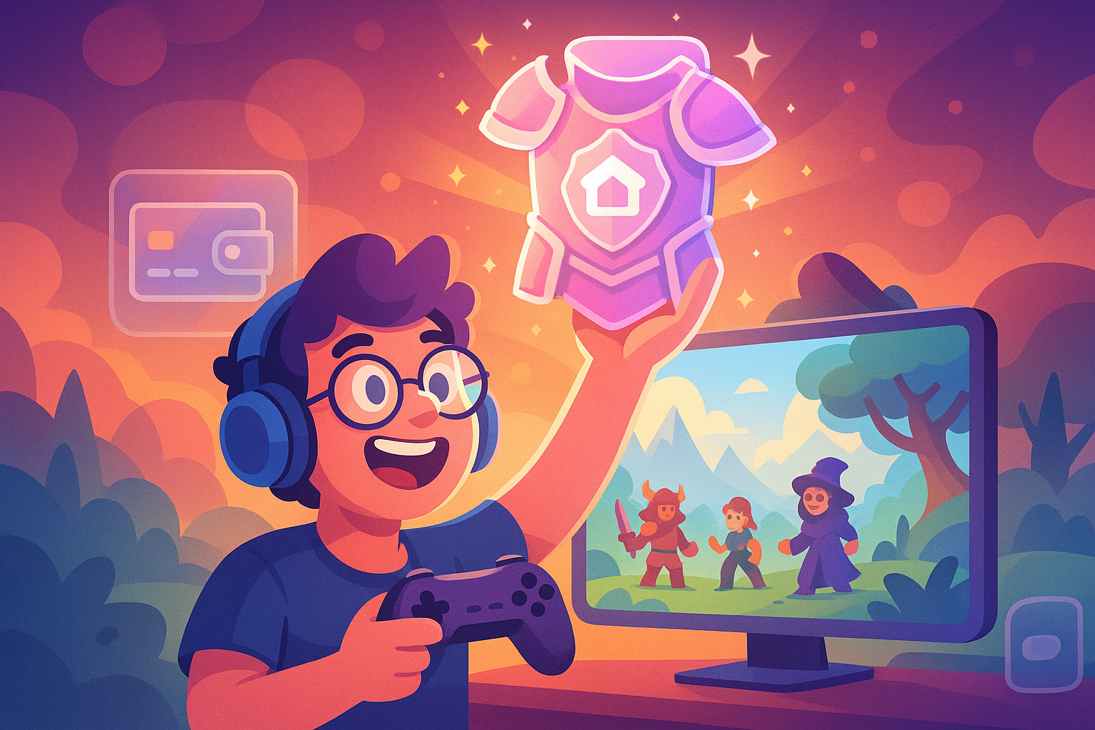 A cartoon style glassmorphism illustration of a gamer holding a glowing, translucent sword, representing an NFT, with a digital wallet icon nearby, symbolizing true ownership. The background shows a vibrant, fantastical gaming world with other players.