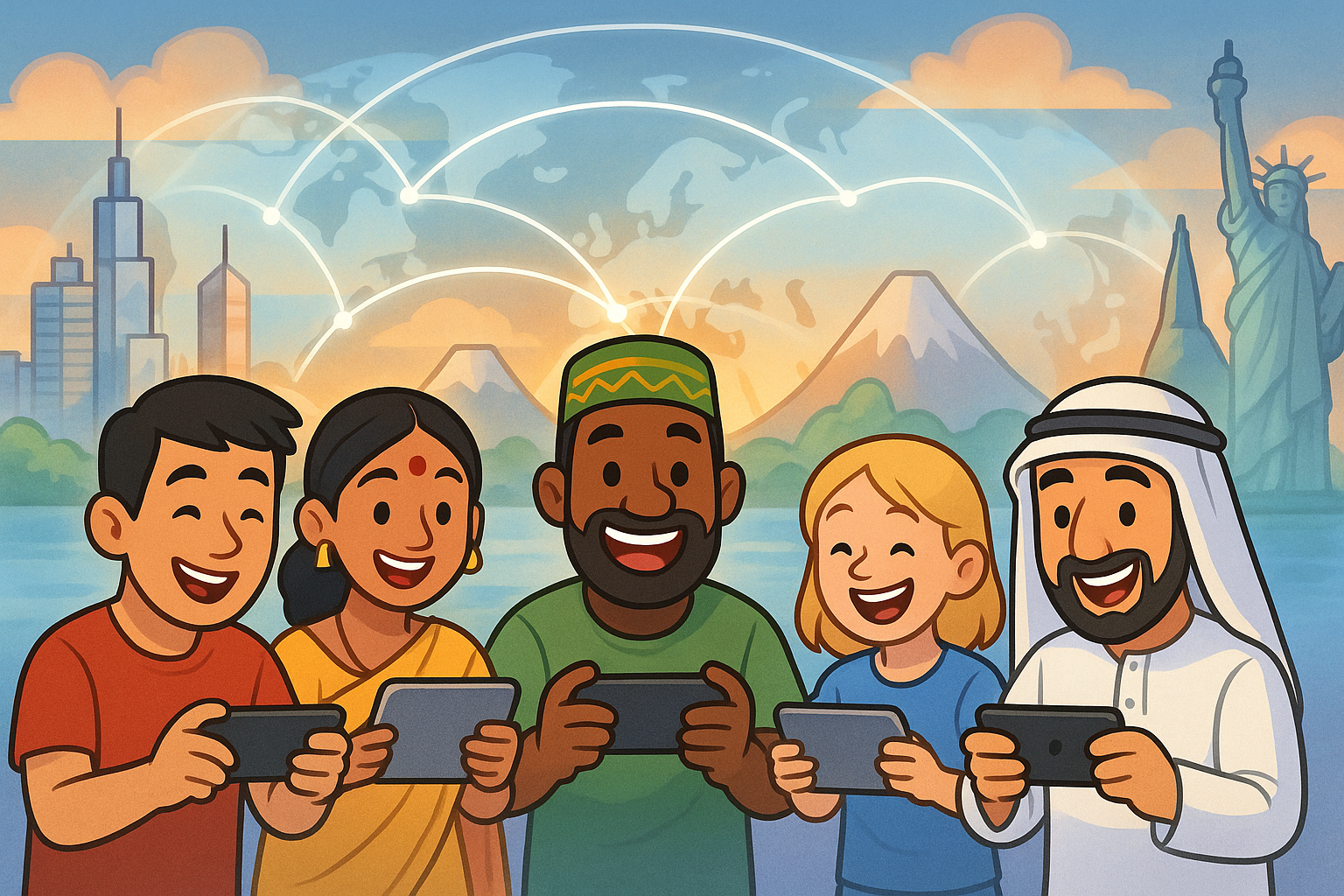 A cartoon illustration of a diverse group of people from different countries happily playing mobile P2E games on their smartphones and tablets, with glowing lines connecting them globally, all set against a landscape of cityscapes and natural wonders with a glassmorphism effect.