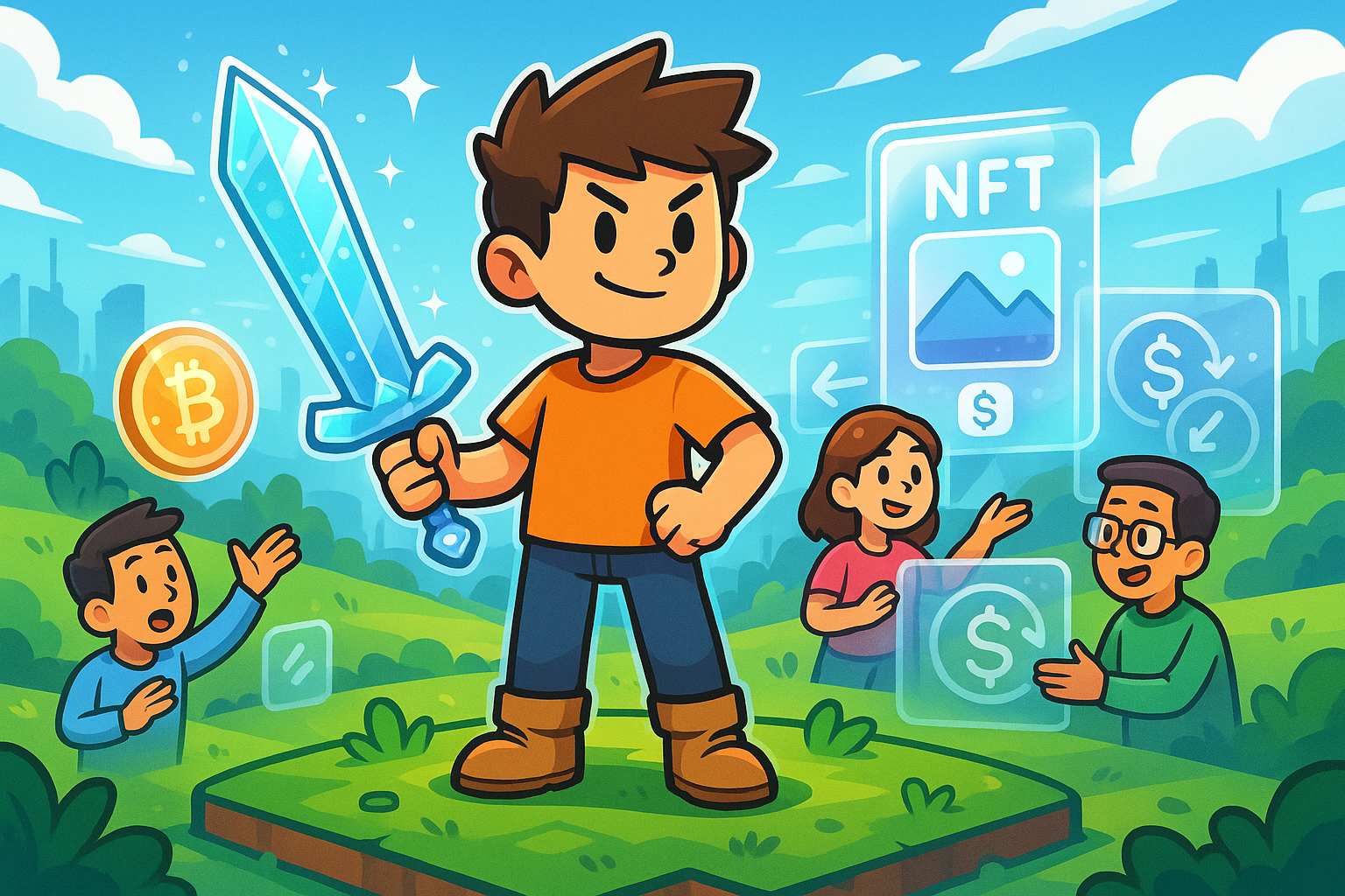 A cartoon illustration depicting a player avatar holding a glowing digital sword, standing on a virtual land plot with other players. In the background, abstract glassmorphism elements represent digital marketplaces and crypto exchanges, symbolizing asset ownership and trading within a dynamic P2E ecosystem. The scene is vibrant and active.