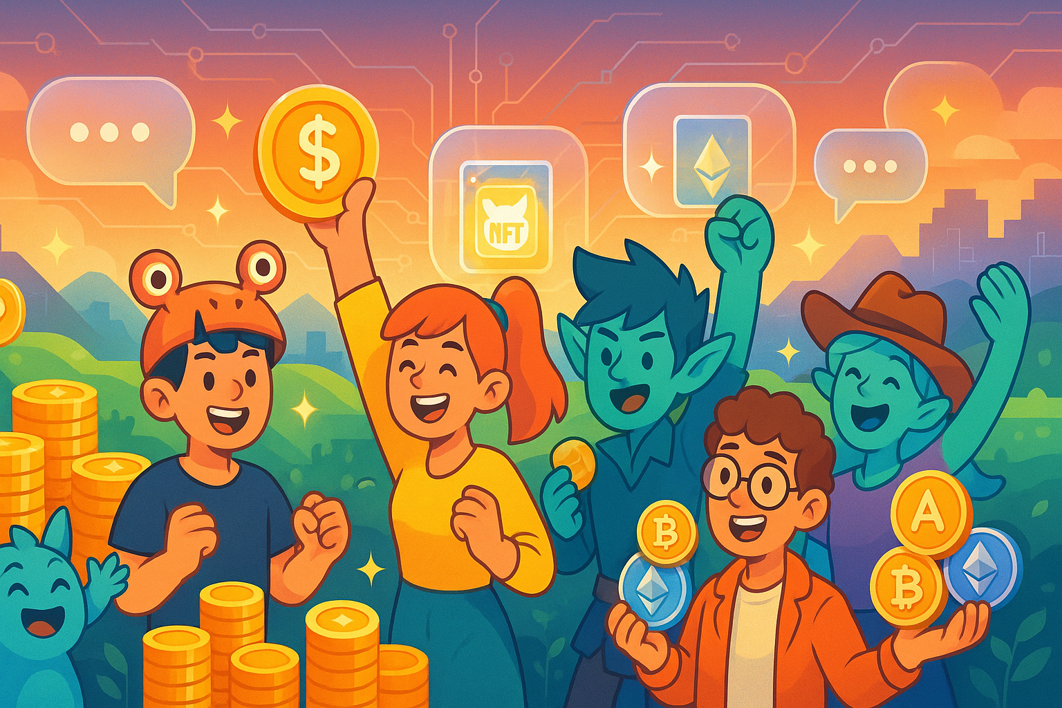 A vibrant, landscape illustration depicting diverse cartoon-style characters from different P2E games celebrating monetary gains, digital asset ownership, and community engagement. Elements like glowing coins, unique NFTs, and social interaction bubbles are blended with glassmorphism effects against a dynamic blockchain background.