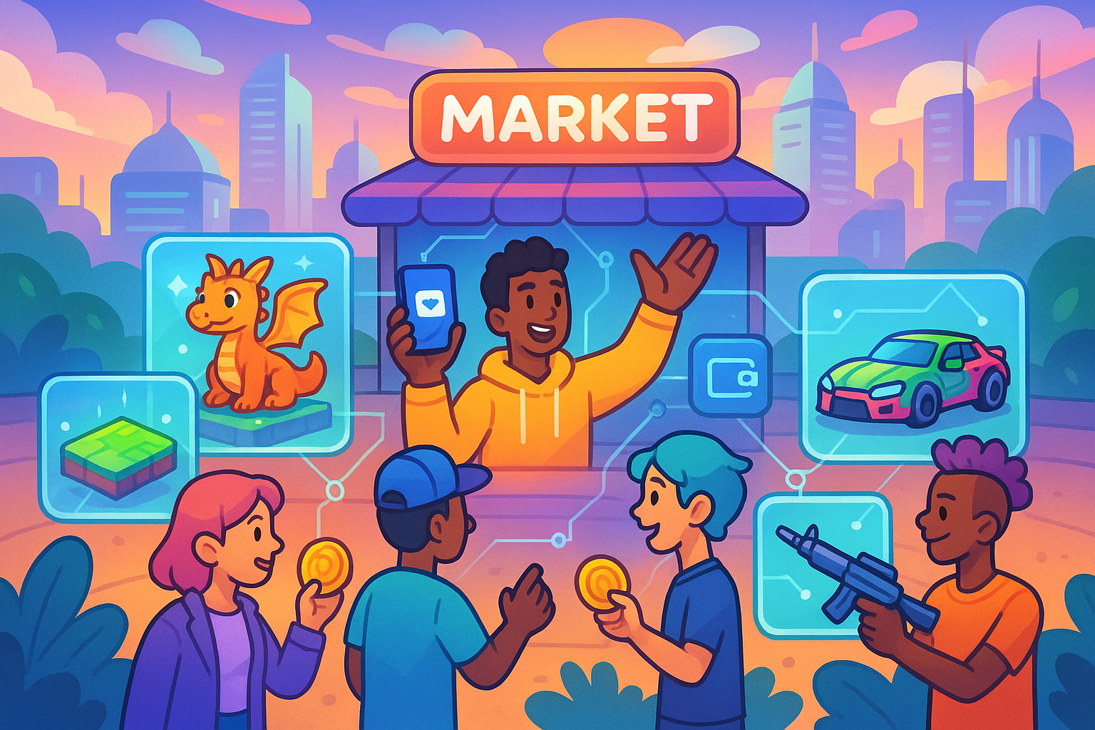 A vibrant, glassmorphism and cartoon style landscape illustration showcasing various digital assets (NFTs) like unique characters, virtual land plots, and futuristic weapons, all glowing and connected by subtle blockchain lines, floating above an open marketplace interface. Players with diverse avatars are interacting with these assets, symbolizing true digital ownership and an open economy.