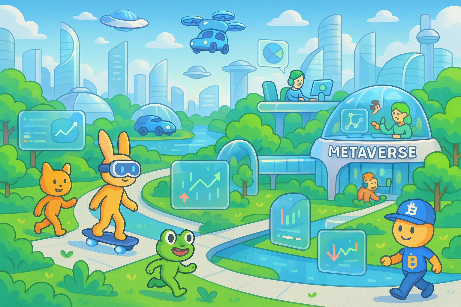 A cartoon illustration of a futuristic cityscape blending with natural elements, representing an evolving metaverse. Digital characters and interactive elements float around, demonstrating interoperability and immersive P2E experiences, all rendered with a glassmorphism effect, showcasing a seamless digital future.