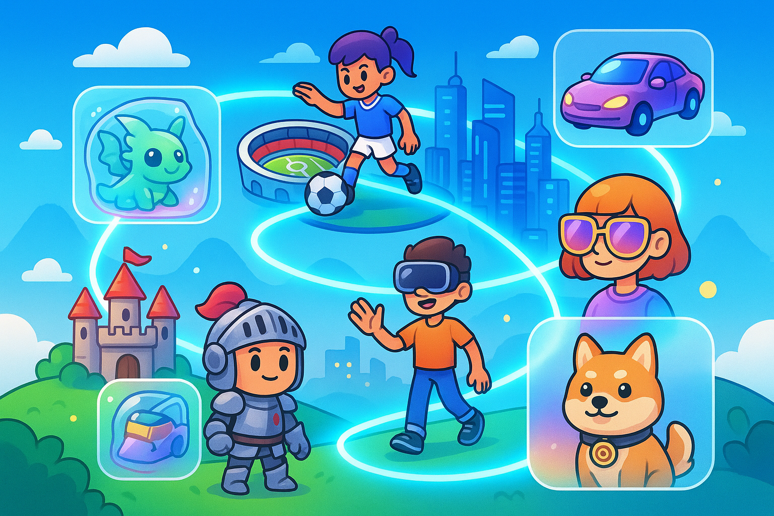 A cartoon style glassmorphism illustration depicting a futuristic metaverse. Different virtual worlds are interconnected, with game characters and unique NFT assets seamlessly moving between them, symbolizing interoperability and the broader crypto gaming ecosystem.
