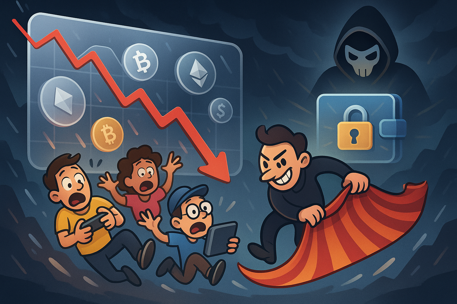 A landscape illustration depicting the risks of P2E games: a turbulent market graph with crypto tokens plummeting, a stylized 'rug pull' scenario with a cartoon figure pulling a rug from under bewildered players, and a menacing hacker symbol hovering over a secure wallet, all rendered with glassmorphism and cartoon elements.