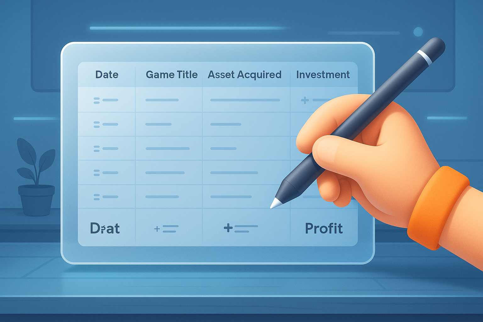 A cartoon hand holding a pencil over a glassmorphism style digital spreadsheet with columns for Date, Game, Asset, and Profit, set against a futuristic desk.