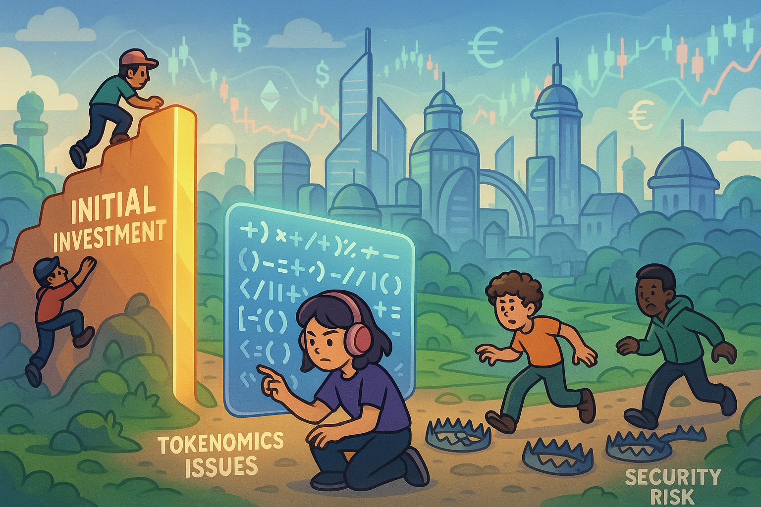 A glassmorphism and cartoon style landscape illustration depicting a futuristic city that combines elements of a bustling game world with financial market indicators (up/down arrows, charts) subtly integrated into the background. In the foreground, a diverse group of stylized gamers are navigating various challenges like complex digital mazes, security locks, and steep initial investment barriers, symbolizing the current struggles and complexities of the P2E space.