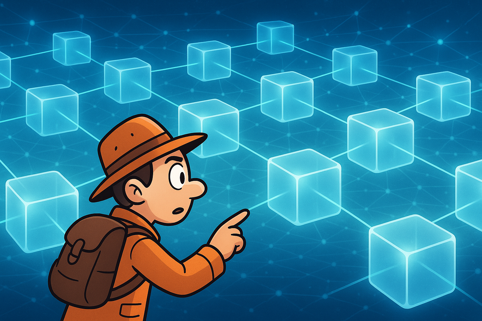 A cartoon person exploring a vibrant, glowing blockchain network depicted with glassmorphism blocks and interconnected lines, representing transparent transaction tracking.