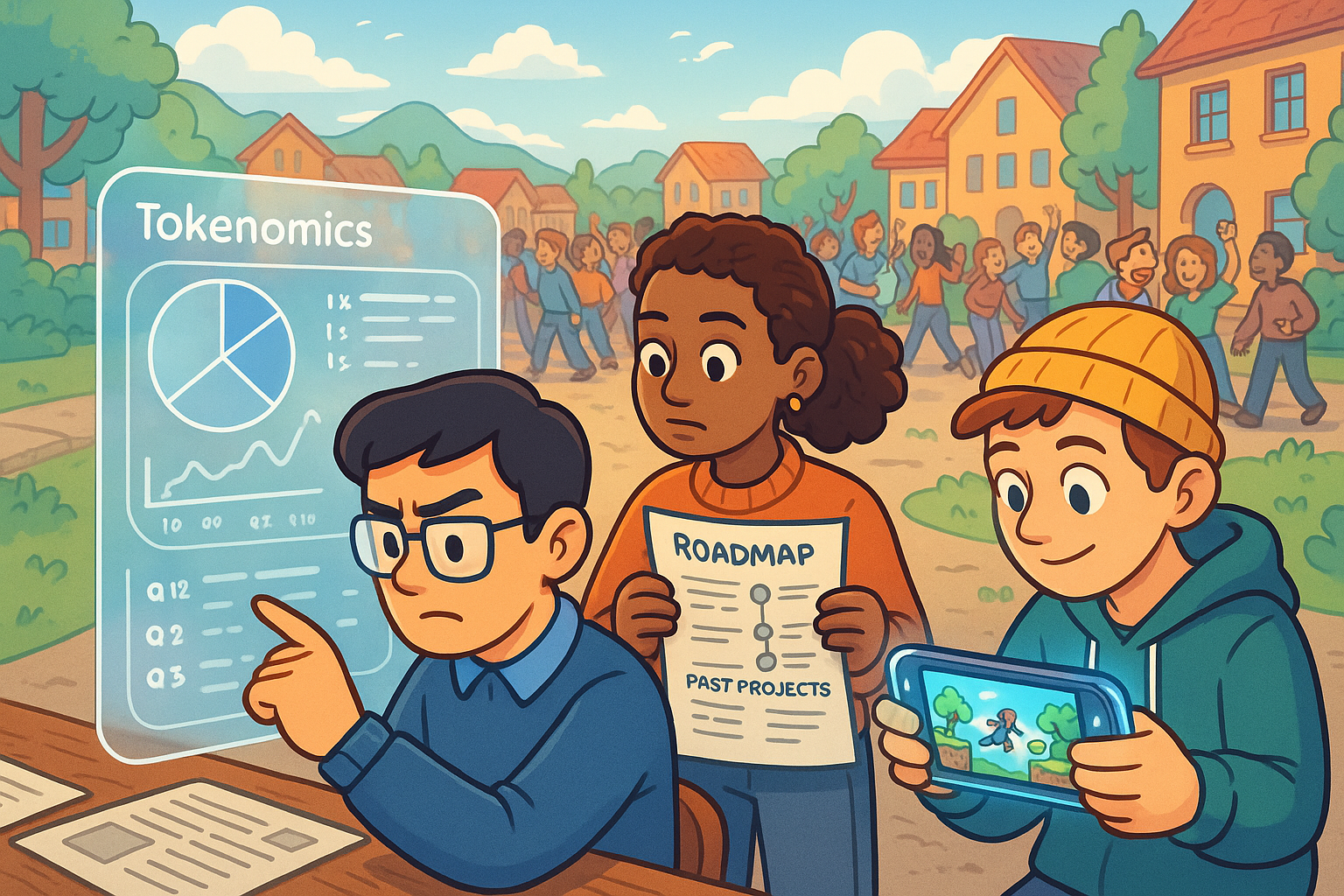 A detailed landscape illustration showing a group of cartoon-style figures conducting thorough research for a P2E game. One figure examines a transparent screen displaying tokenomics charts (glassmorphism), another reviews a team's roadmap, while a third plays a game on a futuristic device. A vibrant, engaged community is visible in the background, all rendered in glassmorphism and cartoon style.