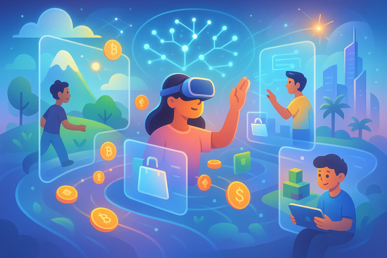 A visionary landscape illustration in glassmorphism and cartoon style, showing a seamlessly integrated future where a diverse community of players is engaged in a vibrant metaverse. Digital assets are flowing freely between interconnected virtual worlds. Elements of AI (subtle glowing neural networks), AR (holographic interfaces), and VR (headset-wearing avatars) are blended into the scene, symbolizing the next era of play-and-own gaming.