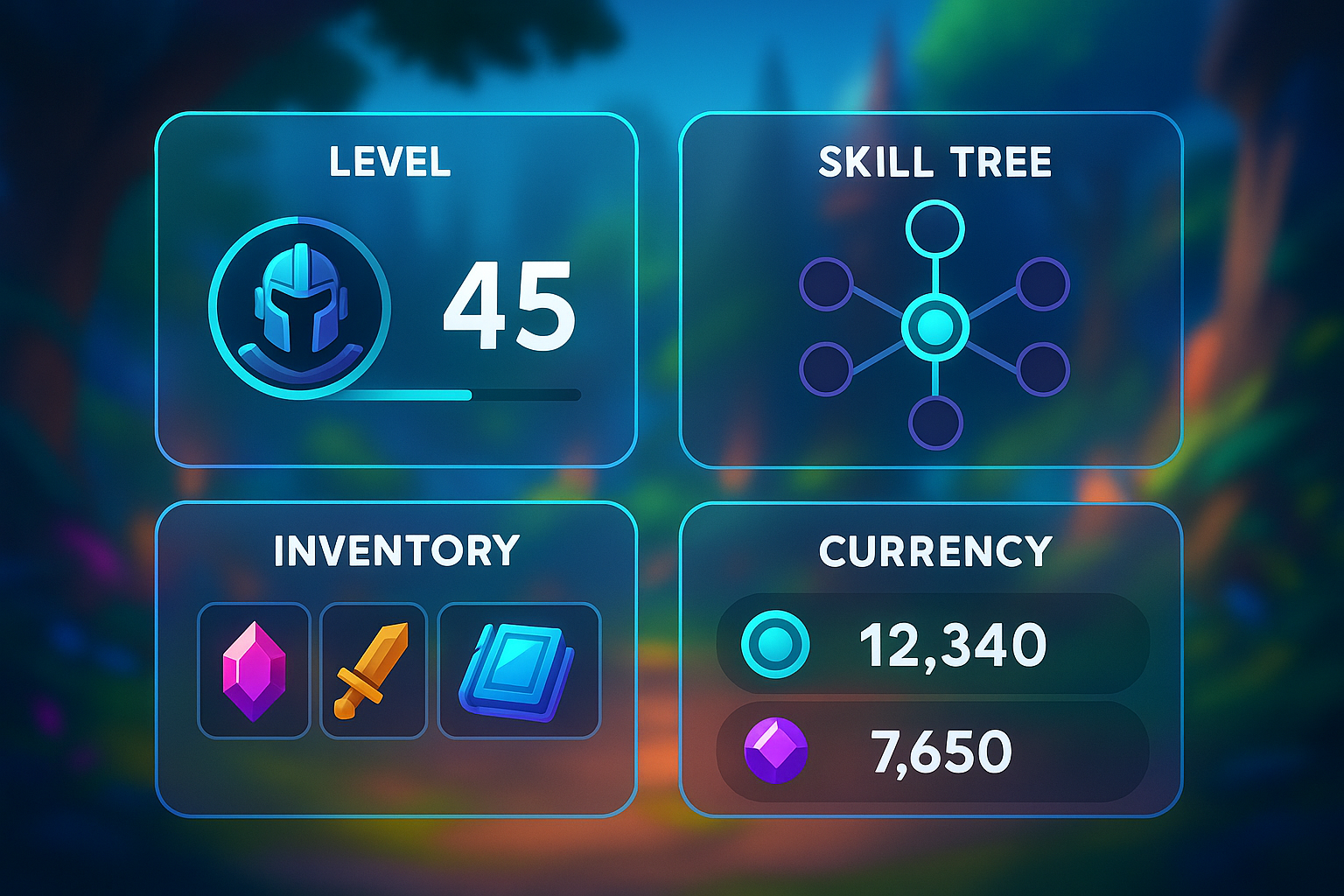 A futuristic cartoon game dashboard with glassmorphism elements, showing P2E game-specific stats, character levels, and in-game asset values.