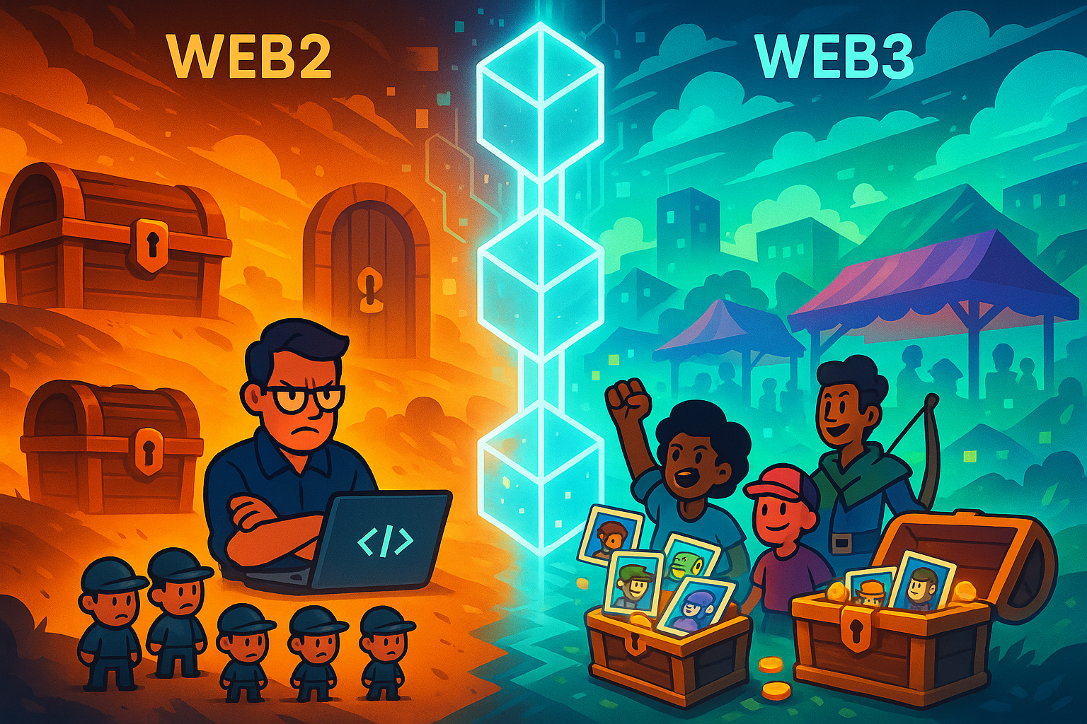 A vibrant digital landscape divided into two halves by a glowing, transparent glass-like blockchain symbol. One side shows traditional Web2 gaming elements (closed boxes, developer figures) and the other Web3 gaming elements (player-owned assets, open marketplaces).