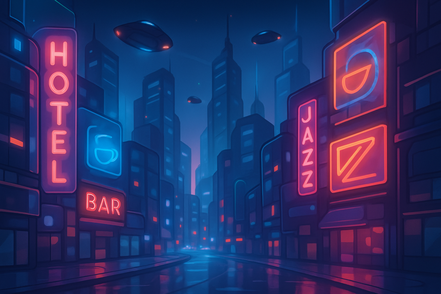 A futuristic Night City cityscape at night, illustrated in a cartoon and glassmorphism blend. Neon signs glow with soft, translucent reflections on wet streets, while flying vehicles zip between towering, stylized skyscrapers. The scene captures the essence of a vibrant, high-tech, yet gritty metropolis.