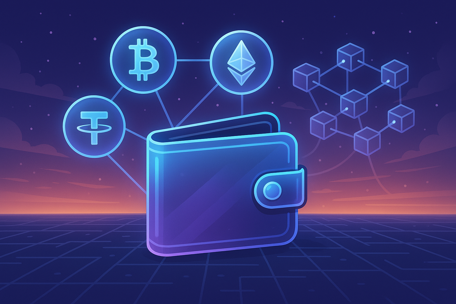 A sleek, futuristic digital wallet glowing with cryptocurrency symbols, connected by glassmorphism lines to a stylized, cartoon-like blockchain network in a vast digital landscape.