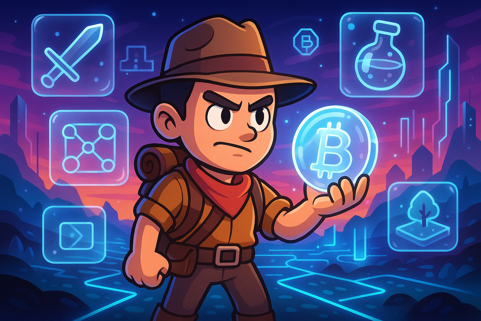 A cartoon style adventurer character holding a glowing coin, surrounded by transparent glass-like game elements and floating blockchain symbols in a vibrant, futuristic landscape.