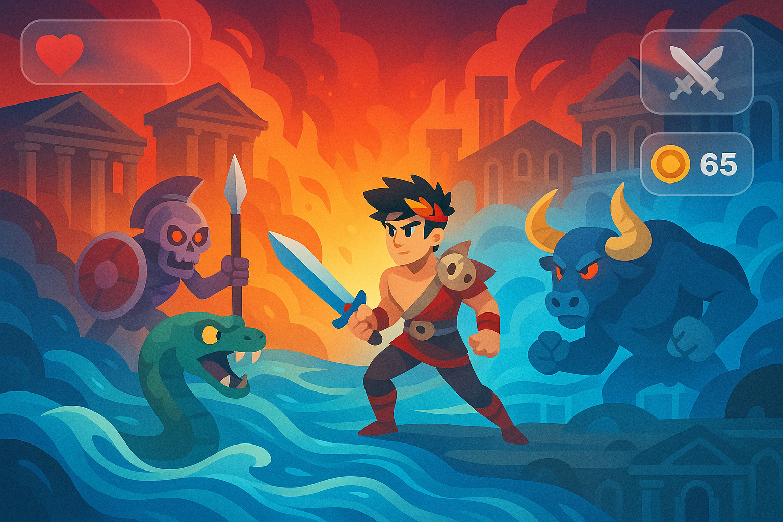 A vibrant, cartoonish underworld scene with glassmorphism elements, featuring Zagreus battling mythical creatures amidst flowing rivers of Styx and stylized Greek architecture. The background is a mix of fiery reds and cool blues, with translucent UI elements subtly integrated, representing the game Hades.