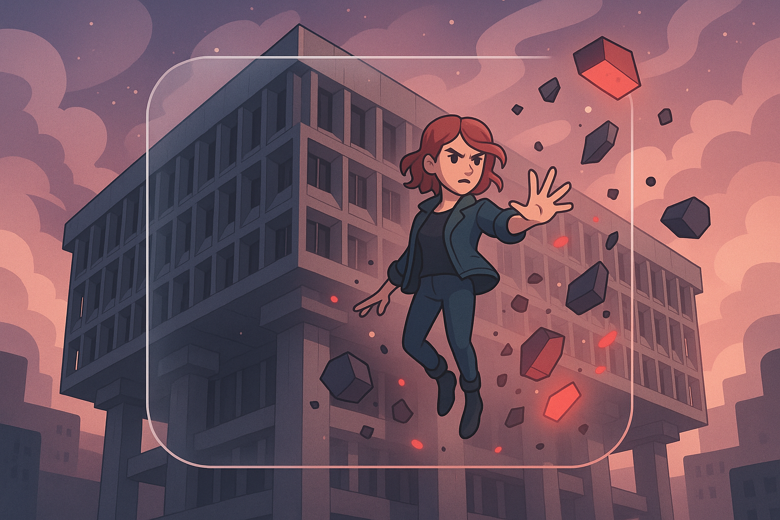 A stylish, glassmorphism and cartoon illustration of the Brutalist architecture of the Federal Bureau of Control's Oldest House, with Jesse Faden levitating amidst swirling debris and glowing, red-tinged objects. The scene conveys a sense of supernatural chaos and unique abilities.