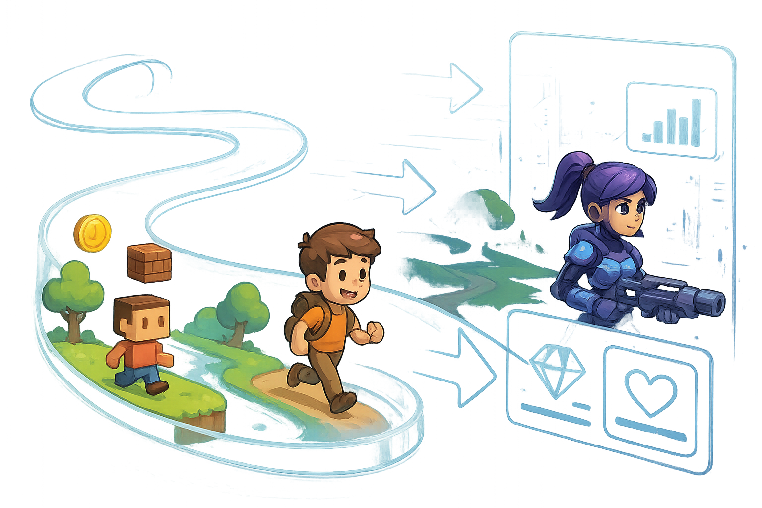 A winding path representing the evolution of P2E gaming, starting from simple, blocky figures and progressing towards more detailed, futuristic landscapes, with transparent glass-like arrows pointing forward.
