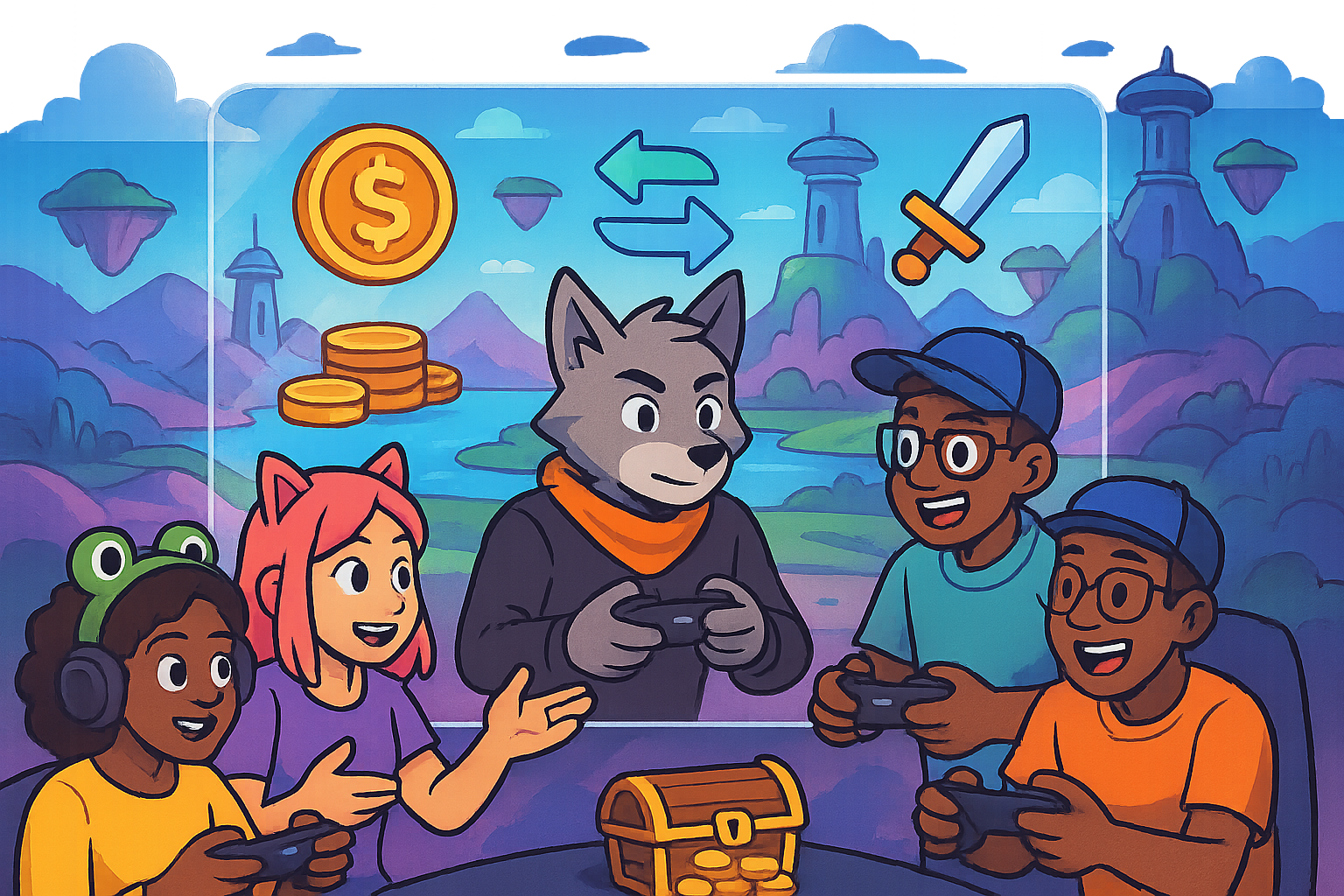 A group of diverse cartoon-style gamers collaborating within a glassmorphism interface, showcasing elements of earning, trading, and playing in a vibrant digital game world landscape.