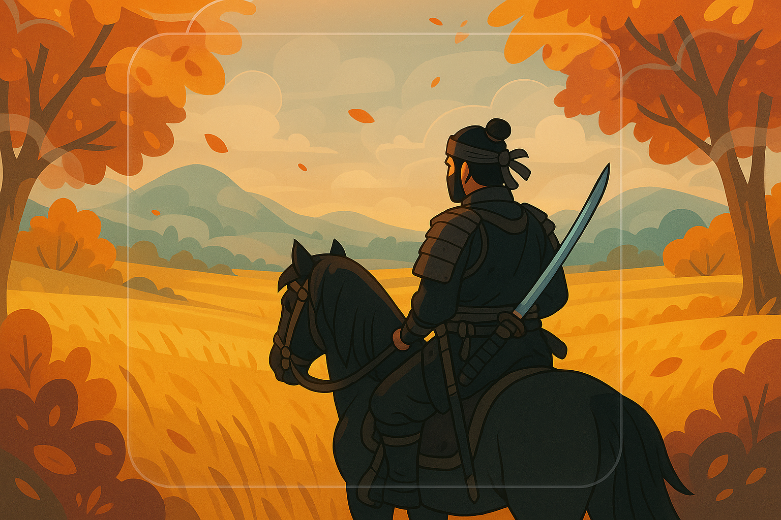 A serene yet tense landscape illustration of feudal Japan from Ghost of Tsushima, showing Jin Sakai on horseback against a backdrop of golden fields, vibrant autumn leaves, and the subtle glint of a samurai sword. The style blends cartoonish elements with glassmorphism effects on the UI or atmospheric elements.