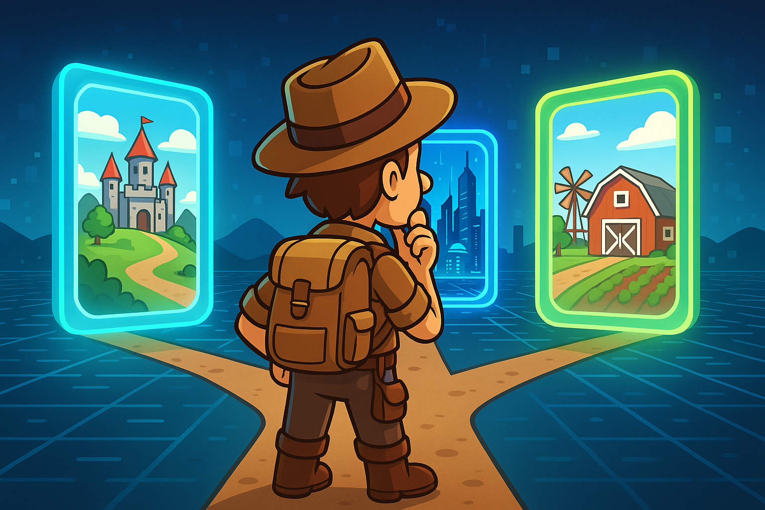 A cartoon adventurer standing at a crossroads, with several glowing glass-like pathways stretching into different, distinct virtual game landscapes, representing choices in P2E games.