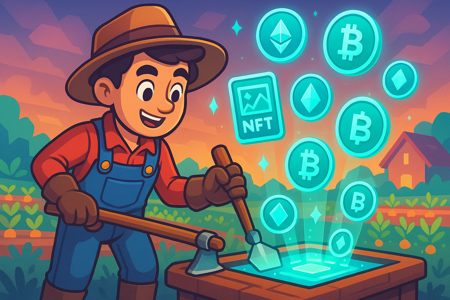 A cartoon character diligently working on a virtual farm in a P2E game, with glowing glass-like coins and NFTs rising from the ground, symbolizing various earning methods in a vibrant digital landscape.