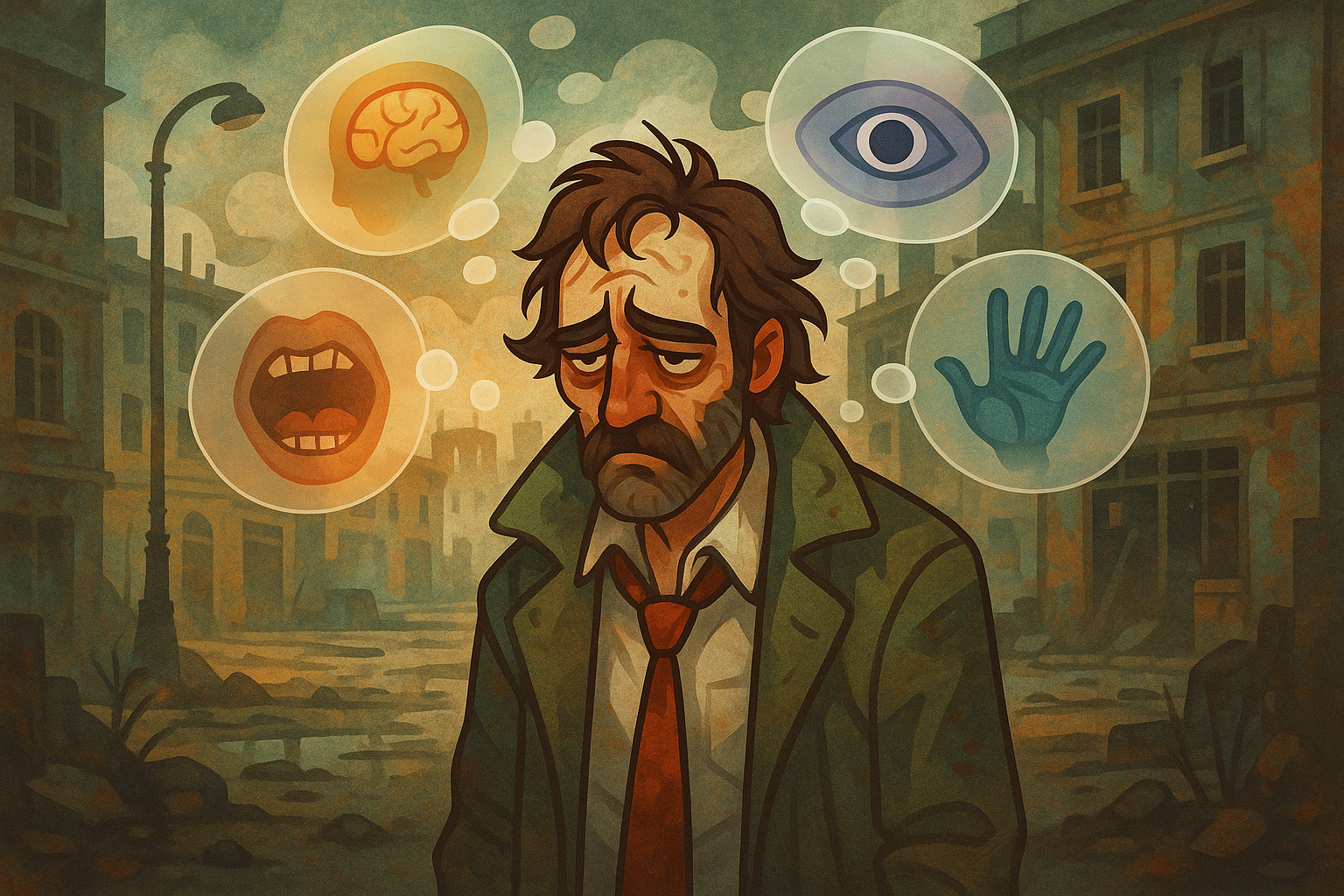 A highly stylized and dreamlike cartoon illustration of a distressed detective from Disco Elysium in the gritty, glassmorphism-enhanced urban decay of Revachol. Thought bubbles with abstract skill icons float around his head, reflecting internal monologues and a chaotic mental state.