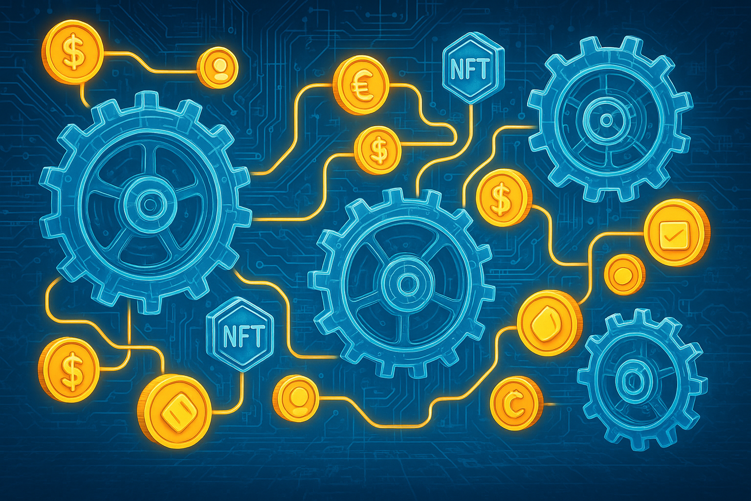 An intricate network of interconnected glowing glass-like gears and circuits, representing a game's tokenomics, with cartoon-style coins flowing through them in a structured and balanced manner, set against a digital landscape.