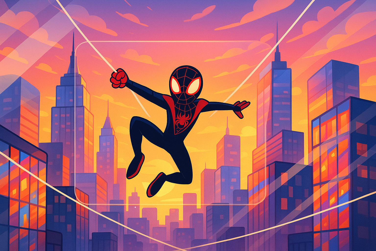 A dynamic, cartoon illustration of Spider-Man (Peter Parker and/or Miles Morales) swinging through a glassmorphism-enhanced New York City skyline at sunset. Skyscrapers reflect vibrant colors, and web-lines stretch across the scene, conveying speed and freedom.
