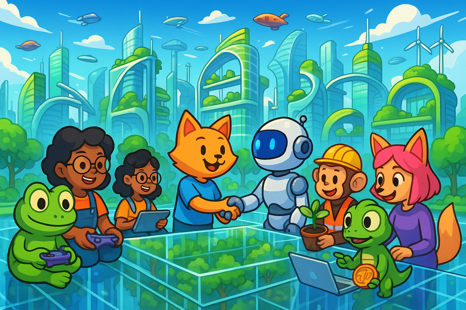 A lush, futuristic city built on a stable, transparent glass-like foundation, with diverse cartoon characters collaborating, representing the sustainable future of P2E gaming in a vibrant digital landscape.