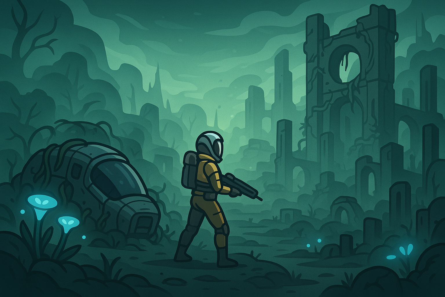 A haunting, alien landscape rendered in cartoon and glassmorphism styles, depicting the crashed spaceship and overgrown ruins of Atropos from Returnal. Selene stands poised, with strange, glowing flora and ancient alien structures in the background, hinting at danger and mystery.