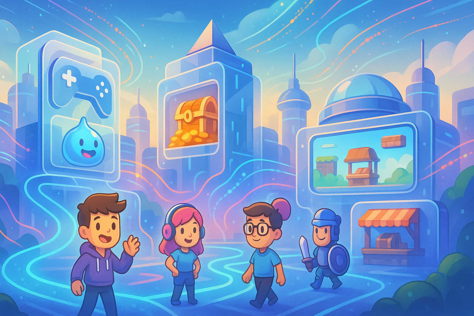 A futuristic city with interconnected gaming platforms and digital avatars, blending glassmorphism and cartoon styles, symbolizing the evolving P2E landscape.
