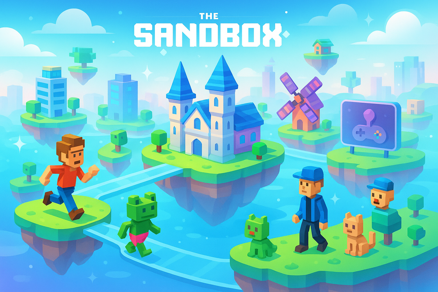 A vibrant, futuristic landscape of The Sandbox metaverse, showcasing various floating voxel islands connected by bridges, with diverse cartoon-style buildings and characters, all rendered with a glassmorphism effect, under a clear, bright sky.