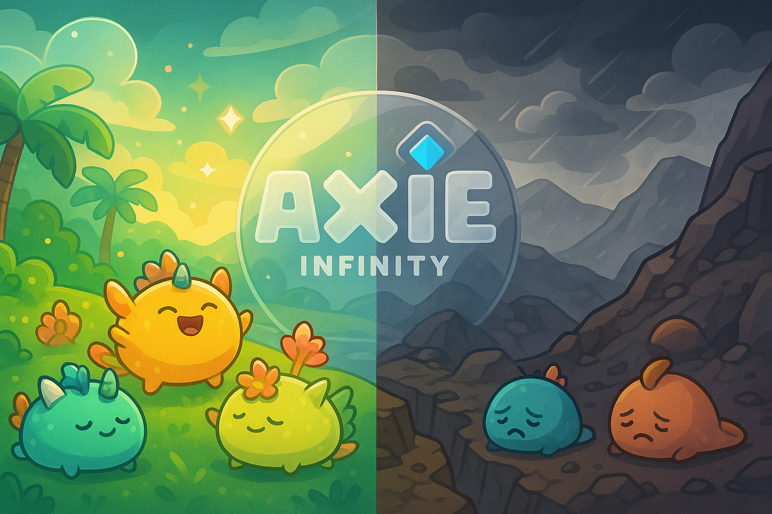 A stylized landscape depicting Axie Infinity's journey: on one side, a vibrant, lush peak with Axies celebrating, symbolizing the 2021 boom; on the other, a challenging, rocky descent, representing the economic downturn, all rendered in glassmorphism and cartoon style.