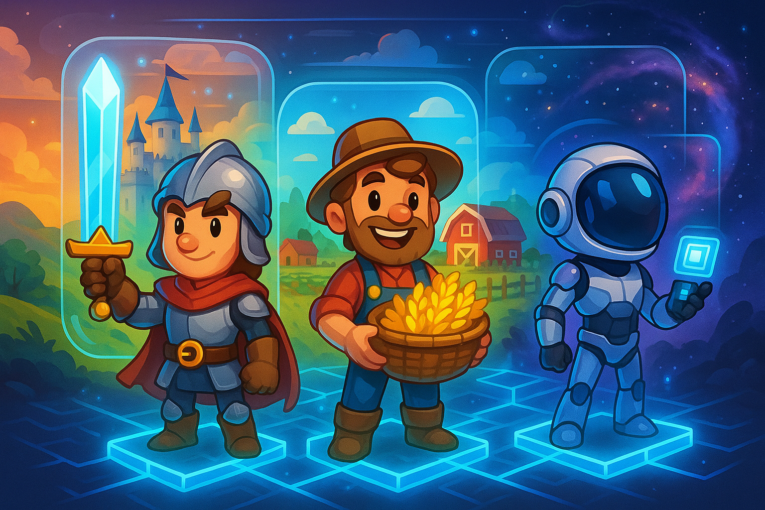Three distinct P2E game characters, one a warrior, one a farmer, and one a sci-fi explorer, standing together on a blockchain-like platform, representing diversity and fun in P2E games. The art style mixes glassmorphism and cartoon elements.