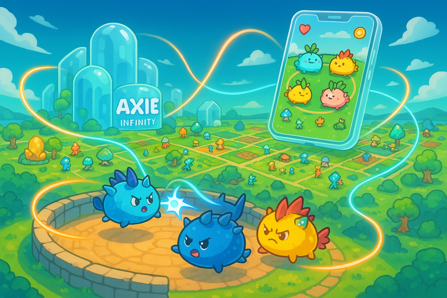 A vibrant, interconnected landscape showing different facets of Axie Infinity's ecosystem: Axie Origins battles in an arena, Axie Homeland with buildings and resources on land, and a casual mobile game interface floating above, all connected by glowing lines in glassmorphism and cartoon style.
