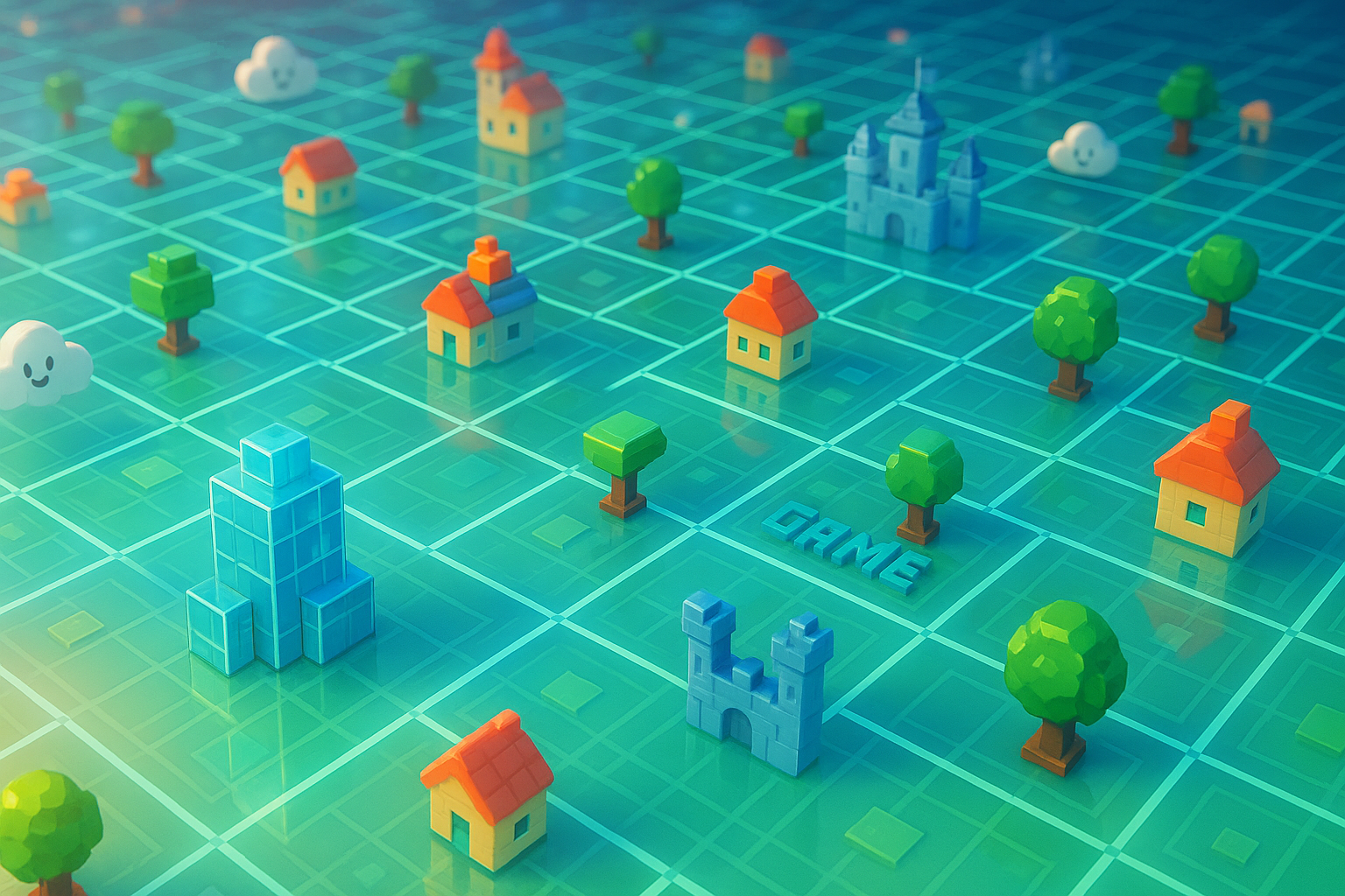 A sprawling, aerial view of The Sandbox virtual land parcels (LANDs), depicted as glowing, geometric grids with unique voxel structures emerging from them, resembling a futuristic city plan with glass-like reflections and cartoon elements.