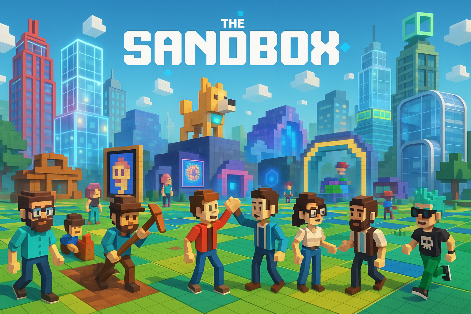 A vibrant, futuristic city in The Sandbox metaverse, with blocky, cartoon-style avatars interacting, some wearing glassmorphism-inspired clothing, showcasing user-generated content and social interaction.
