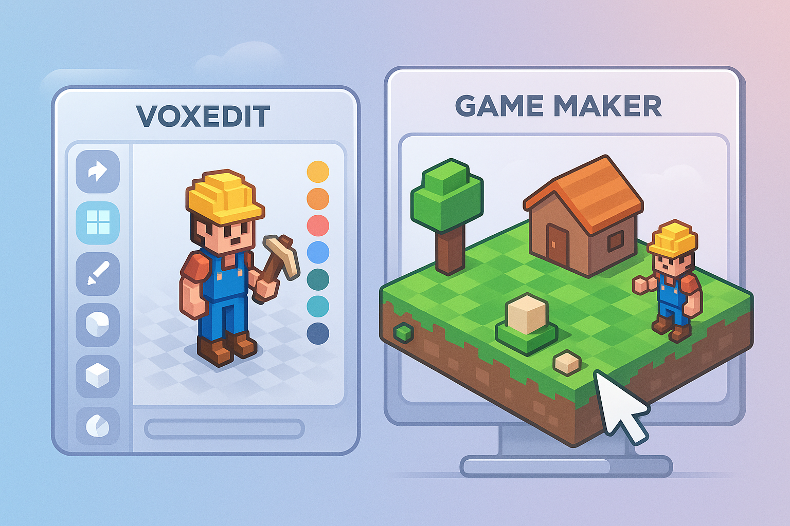 A stylized illustration of VoxEdit and Game Maker interfaces, blending glassmorphism UI elements with cartoon-style voxel models being crafted and placed on a virtual land plot, showing creativity flowing from idea to digital reality.