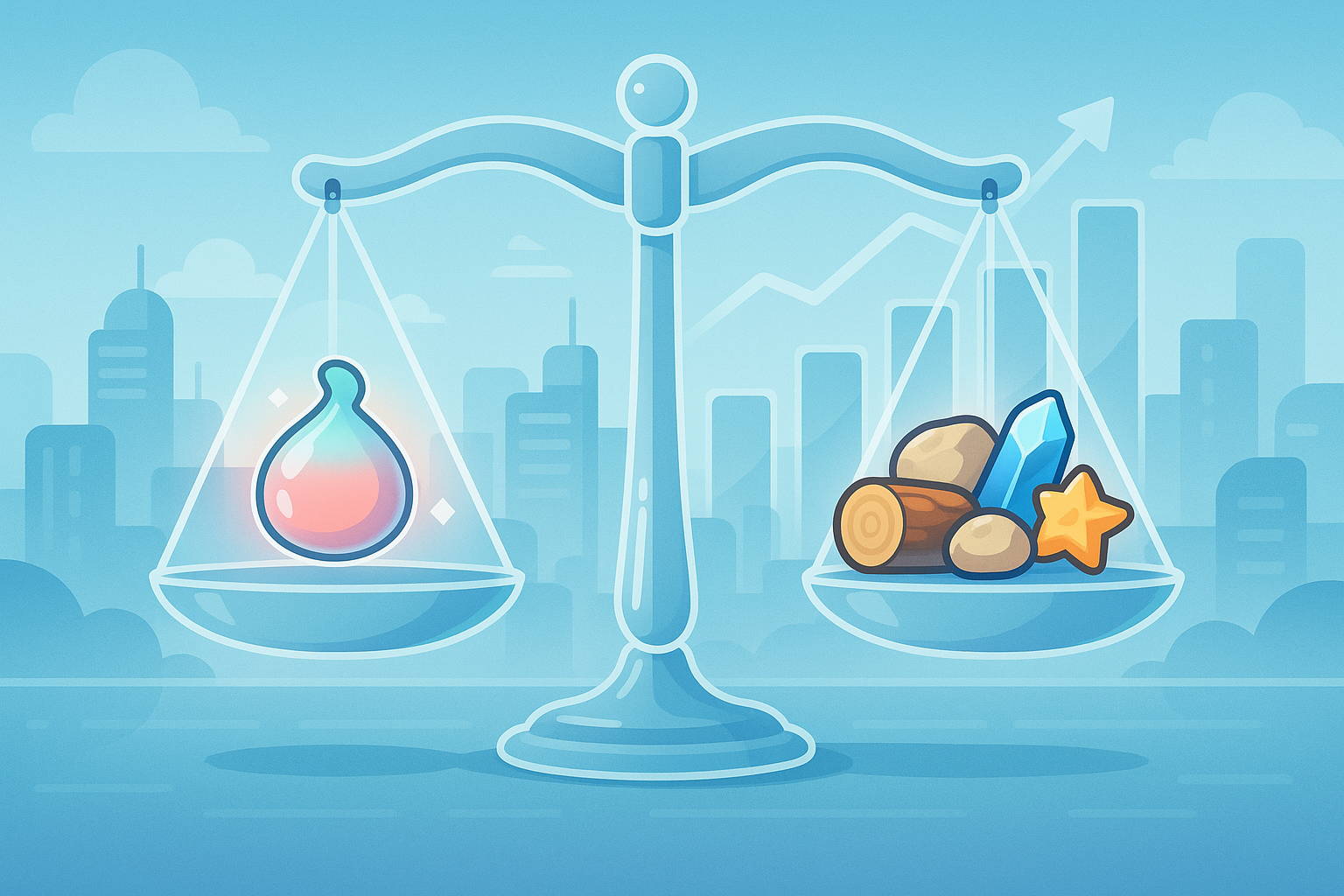 An abstract, balanced scale illustration with glowing coins and resources on both sides, symbolizing the Axie Infinity economic model with SLP sinks balancing generation, against a backdrop of a healthy, growing digital economy, in glassmorphism and cartoon style.