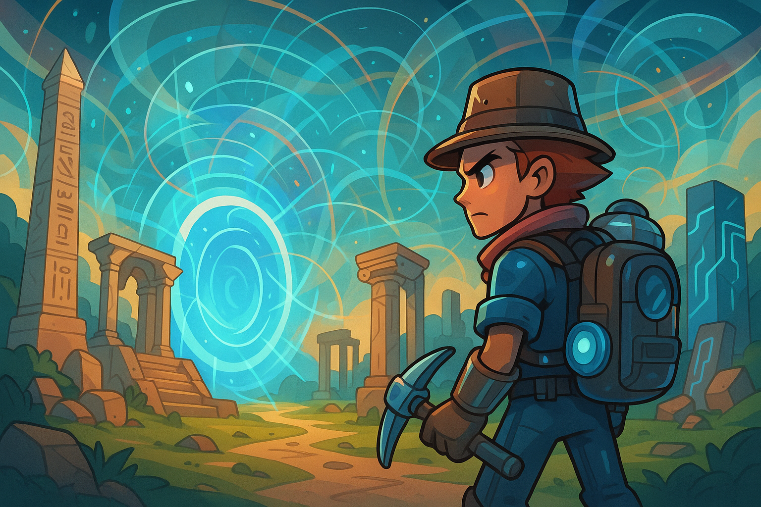 An adventurous explorer character from Big Time, in a time-travel themed setting, surrounded by ancient ruins and futuristic glowing tech, rendered in a glassmorphism and cartoon fusion style.