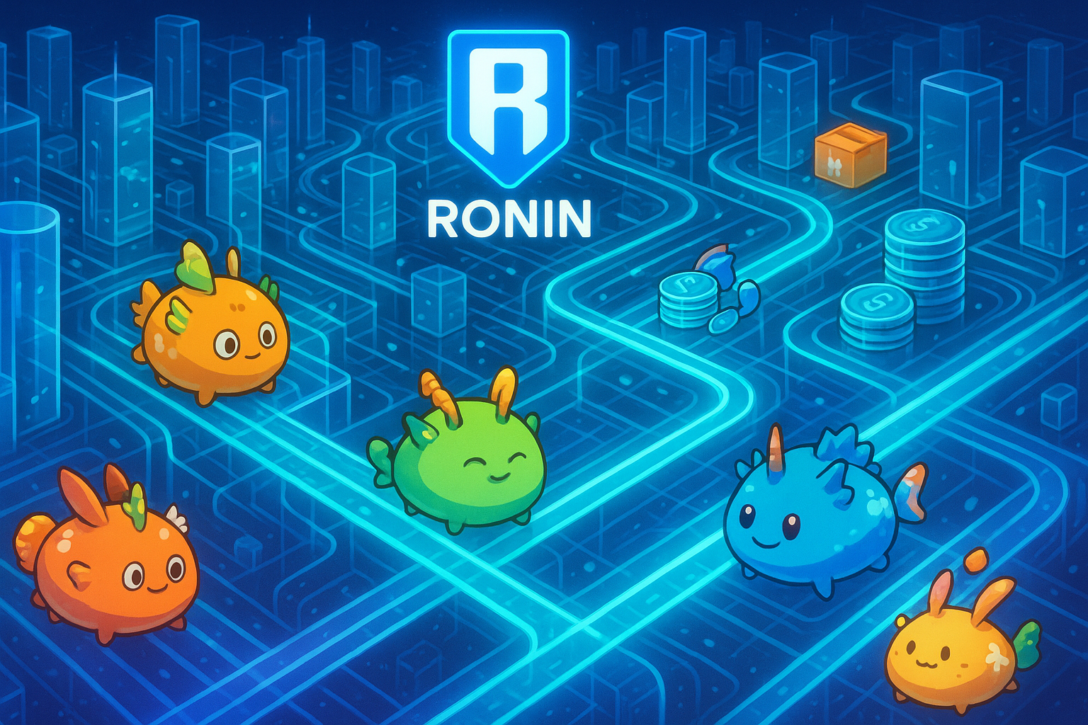 A futuristic, interconnected network of glowing nodes and pathways, symbolizing the Ronin Network, with various Axie characters and game elements flowing through it, depicting scalability and innovation in a glassmorphism and cartoon style.