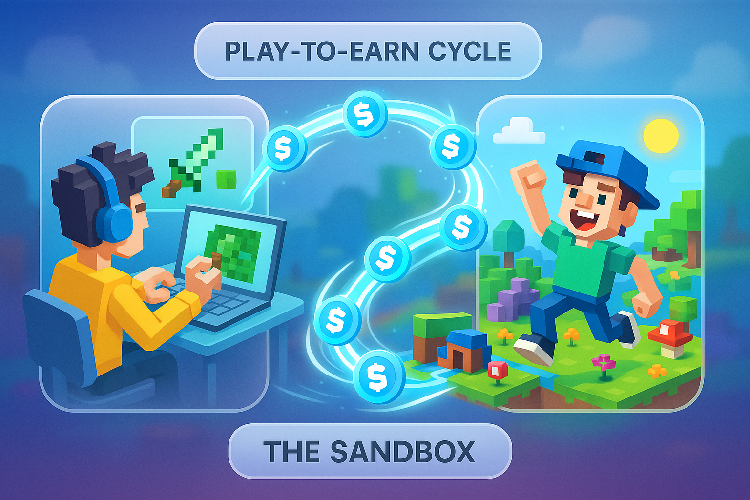 A dynamic, cartoon and glassmorphism illustration representing the play-to-earn cycle in The Sandbox, with a character creating voxel assets, another character playing a game on a LAND plot, and SAND tokens flowing between them, symbolizing earnings.