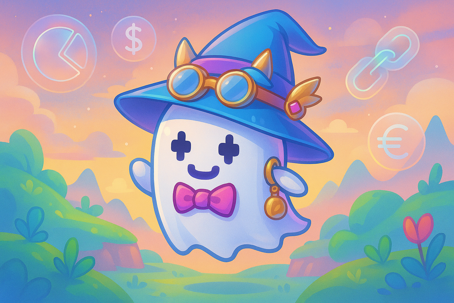 A whimsical Aavegotchi character, a ghost-like creature with various NFT wearables, floating amidst glowing DeFi symbols and a playful, cartoon-like background with glassmorphism effects, representing digital ownership and finance.