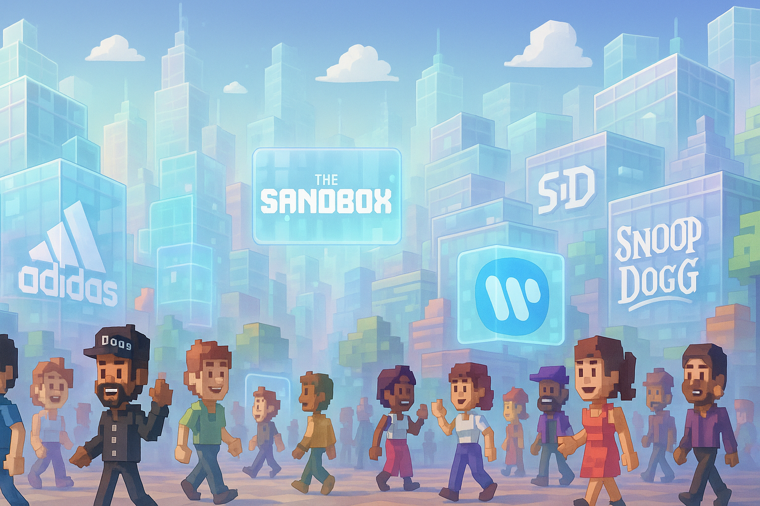 A panoramic landscape view of a bustling Sandbox city, where various iconic brand logos (e.g., Adidas, Snoop Dogg, Warner Music Group) are integrated into glassmorphism-style voxel buildings and billboards, surrounded by diverse cartoon avatars interacting.
