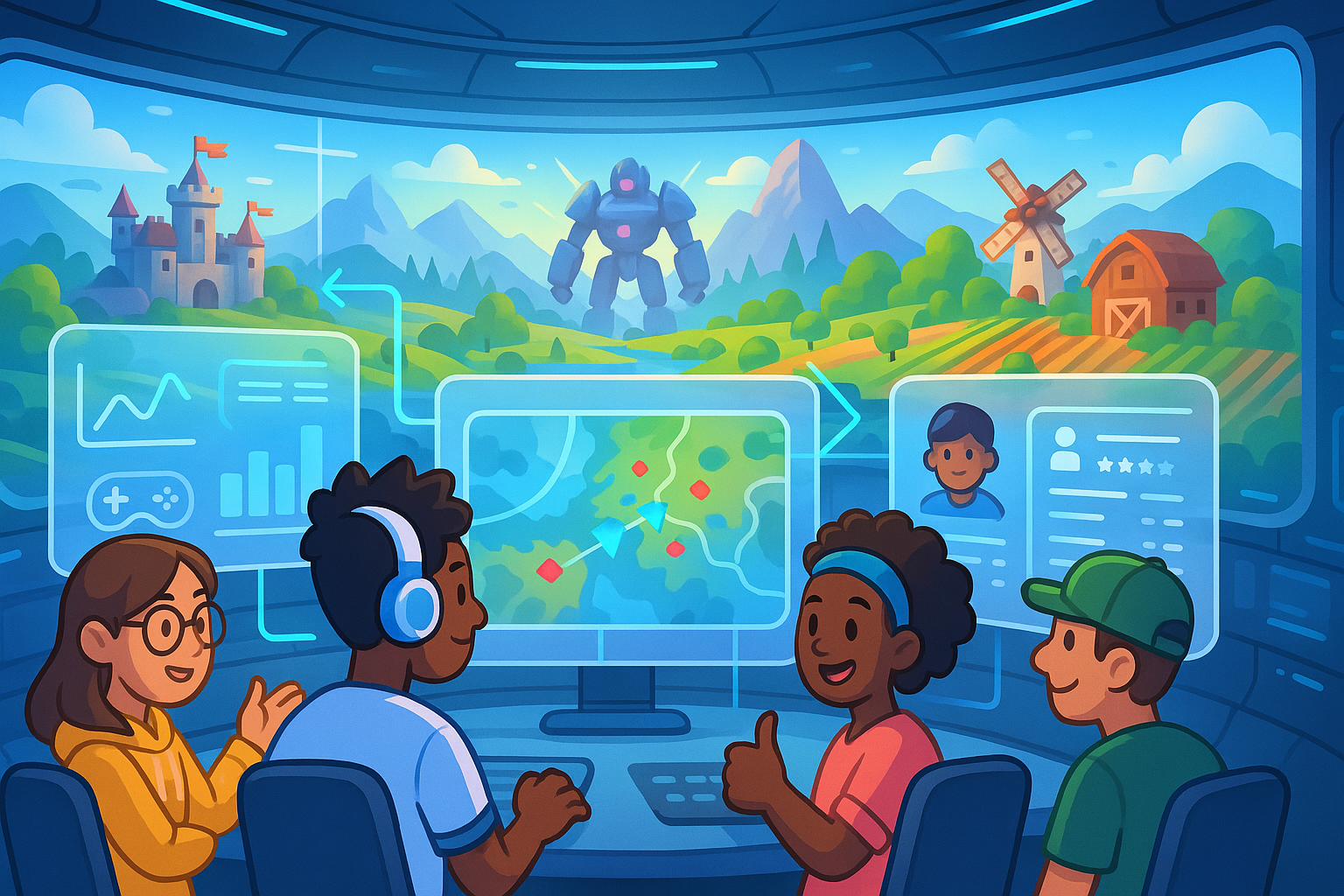 A diverse group of P2E gamers, represented by stylized cartoon avatars with glassmorphism elements, collaborating and strategizing in a futuristic control room, overlooking a vibrant digital landscape.